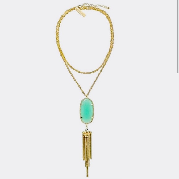 KENDRA SCOTT Rayne Long Gold Necklace w Mint Green Tassel Pendant - Picture 1 of 9